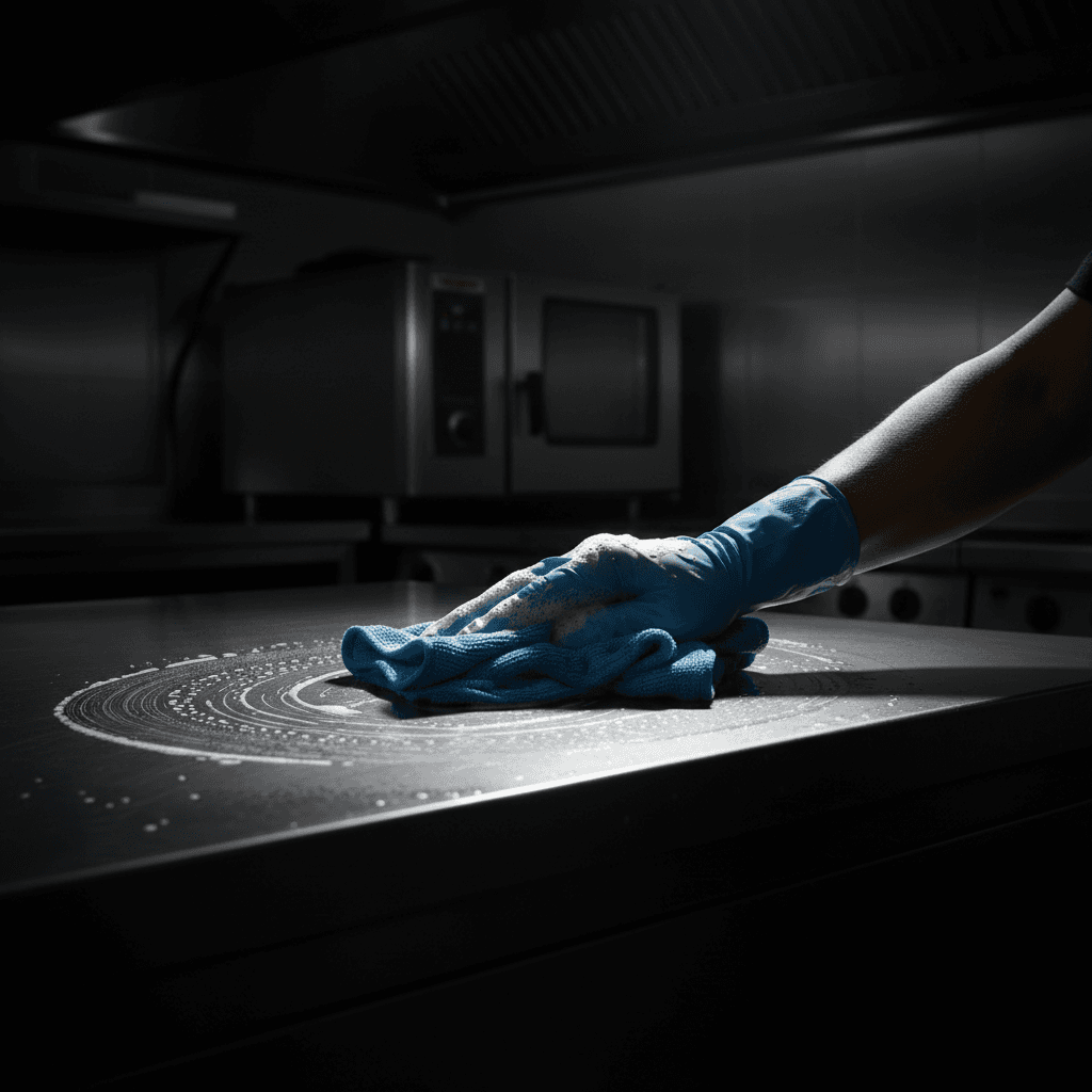 Professional technician performing detailed kitchen surface cleaning