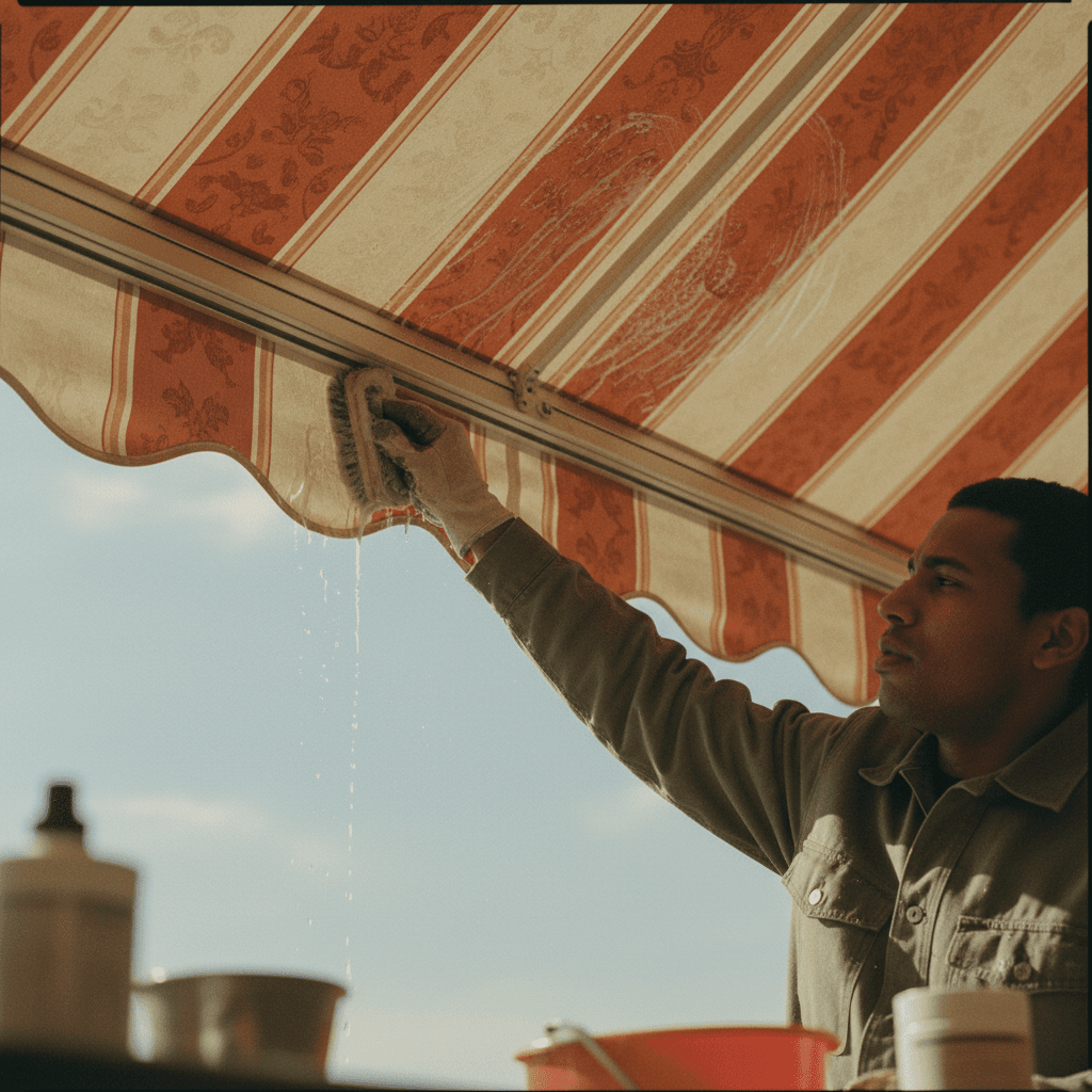 Awning fabric being professionally cleaned