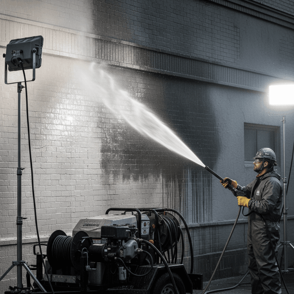 Commercial restaurant exterior being power washed to remove buildup and restore appearance