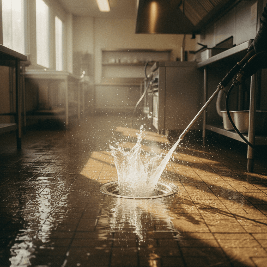 High-pressure hydrojetting equipment cleaning a commercial kitchen drain