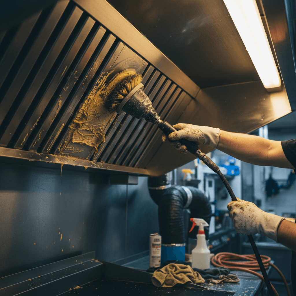 Kitchen exhaust hood being professionally cleaned