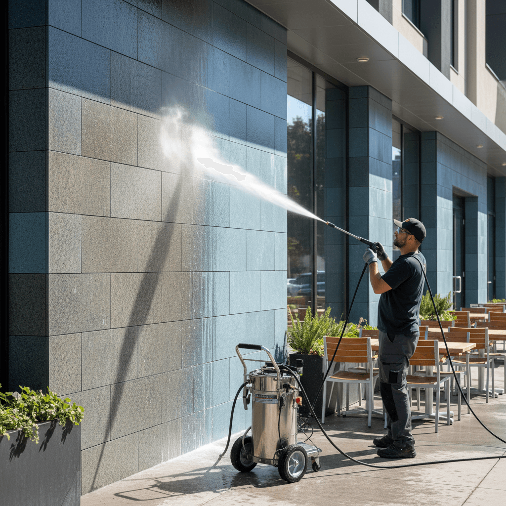 Power washing exterior of hospitality building
