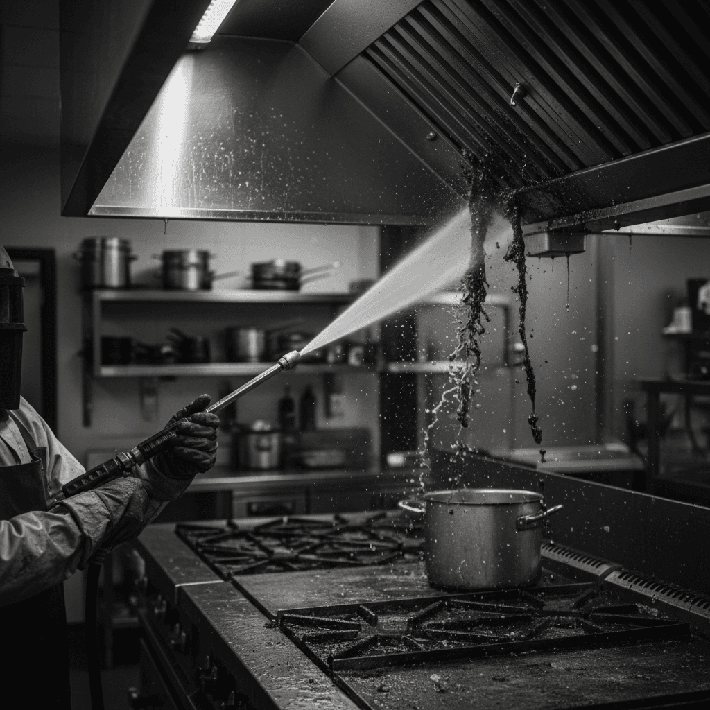 Kitchen exhaust hood being professionally cleaned with specialized equipment
