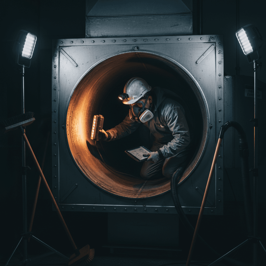 Commercial kitchen ductwork being inspected during exhaust system cleaning service