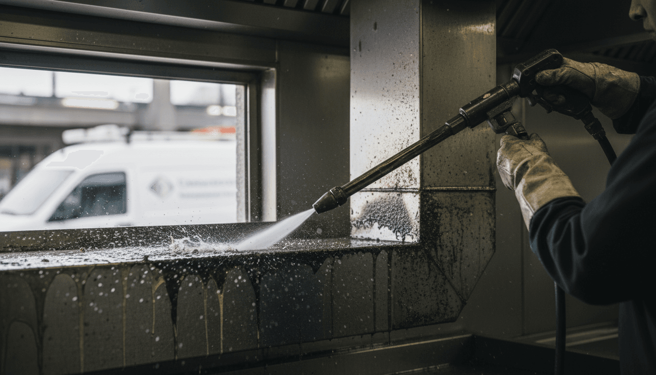 Professional kitchen exhaust duct cleaning in progress with high-pressure hydrojetting equipment