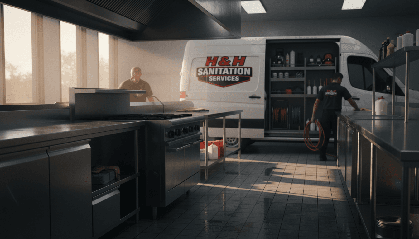 Professional kitchen cleaning service in progress with H & H Sanitation Services mobile van