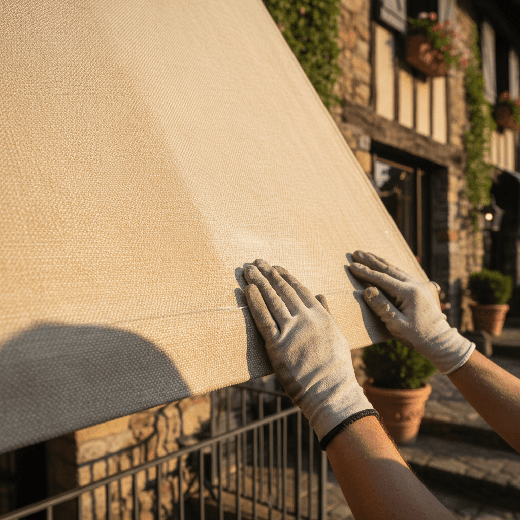 Hotel awning being conditioned and cleaned as part of facility maintenance service