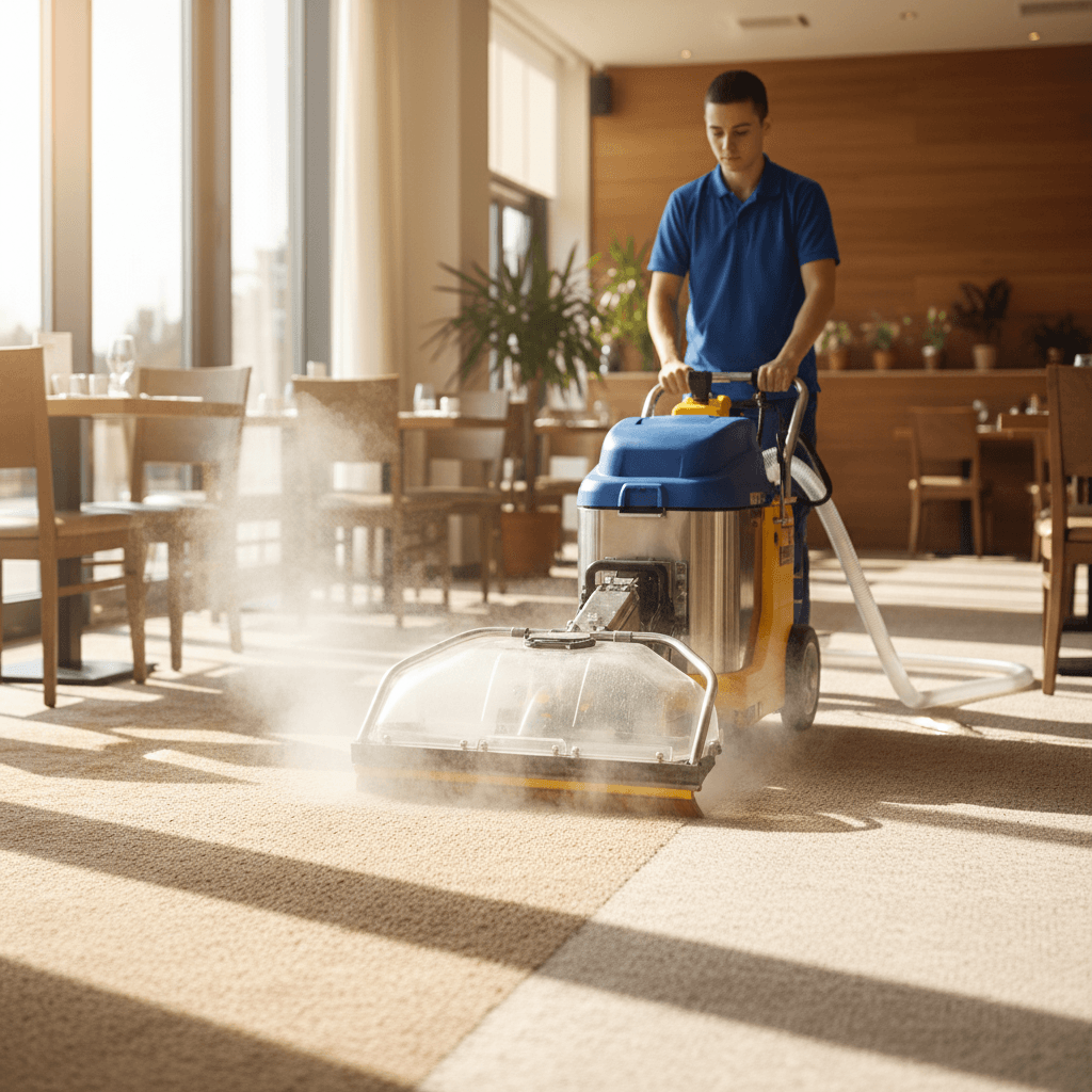 Restaurant carpet being professionally steam cleaned by H & H Sanitation Services technician