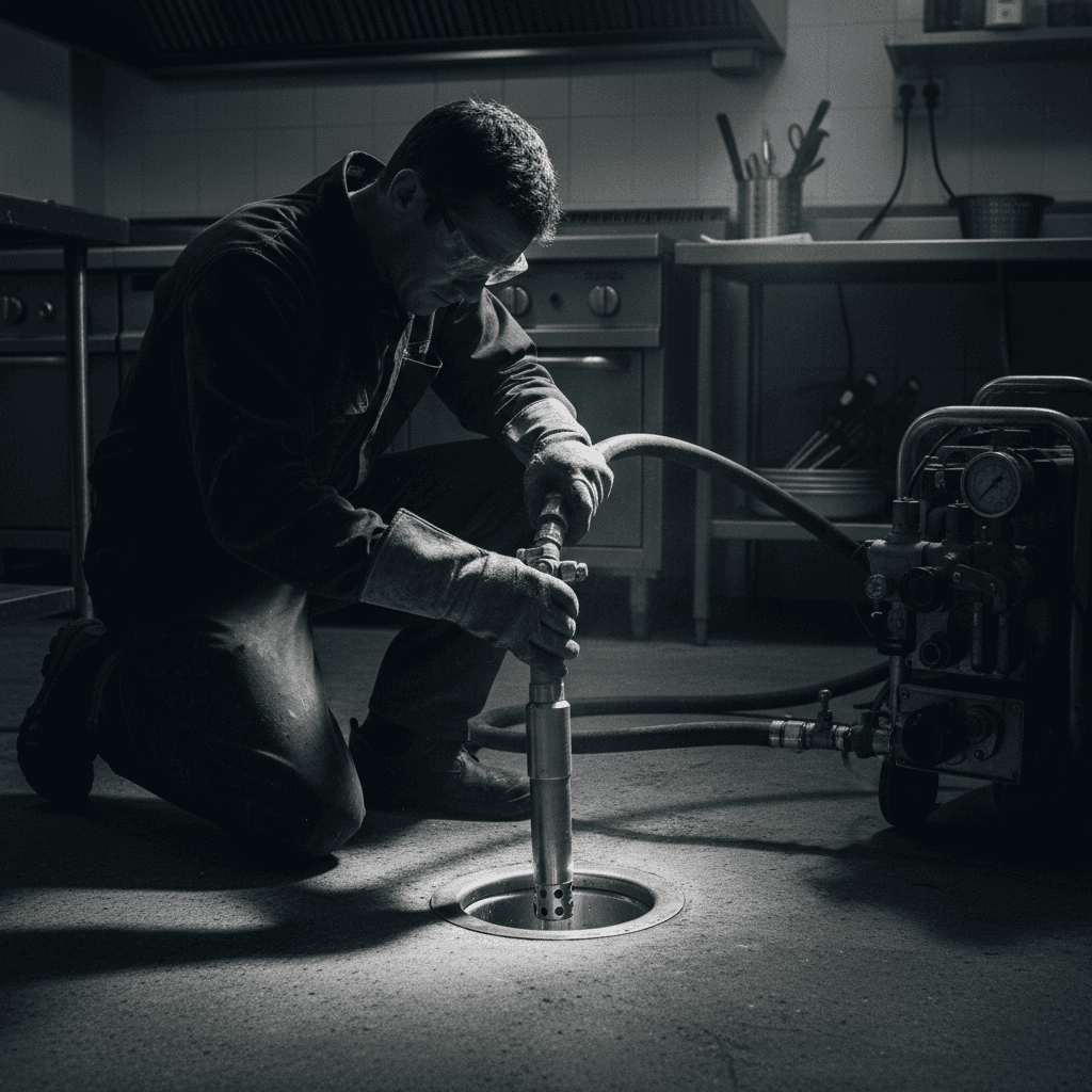 High-pressure hydrojetting equipment positioned at commercial drain